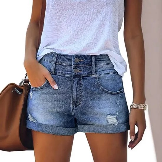 Washed Denim Shorts Women Hole Regular Waist Two Buttons Slim Hot Girl Cowboy Shorts Fashion Trendy All-match Female